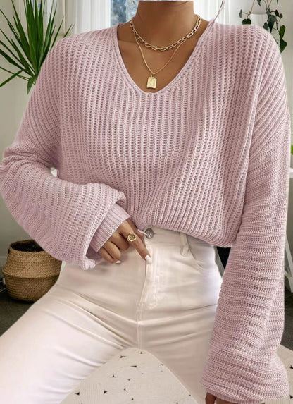 V-Neck Balloon Sleeve Oversized Knit Pullover Sweater