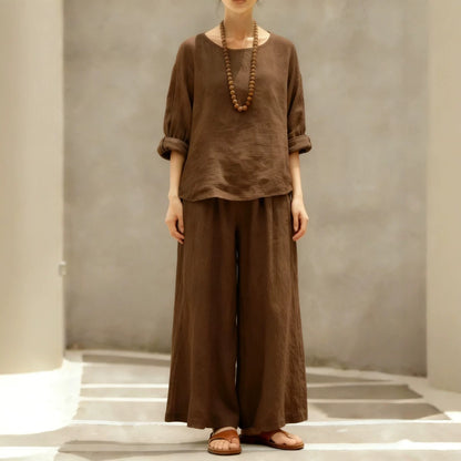 Women's Linen Cotton Matching Set Wide Leg Pants Two Piece
