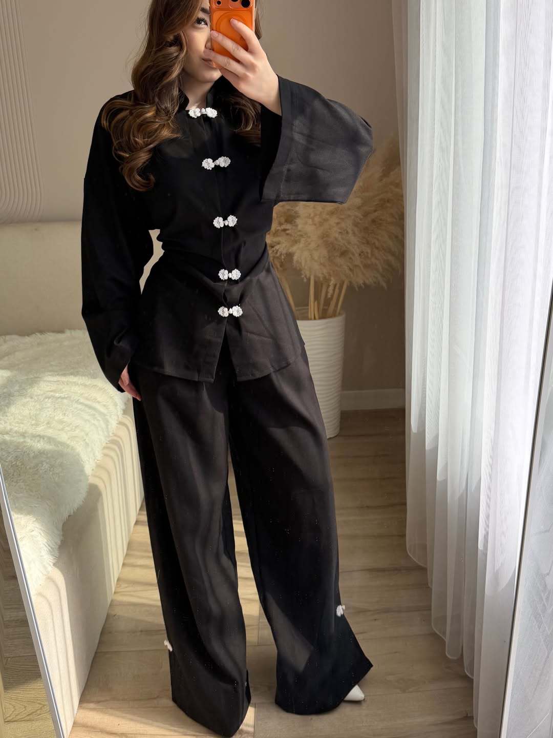 Women Cotton Linen Shirt Wide Leg Pants Set Mandarin Collar