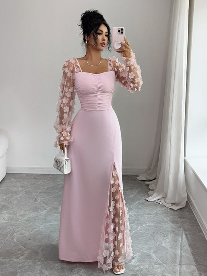 Square Neck Floral Applique Mesh Sleeve Maxi Dress