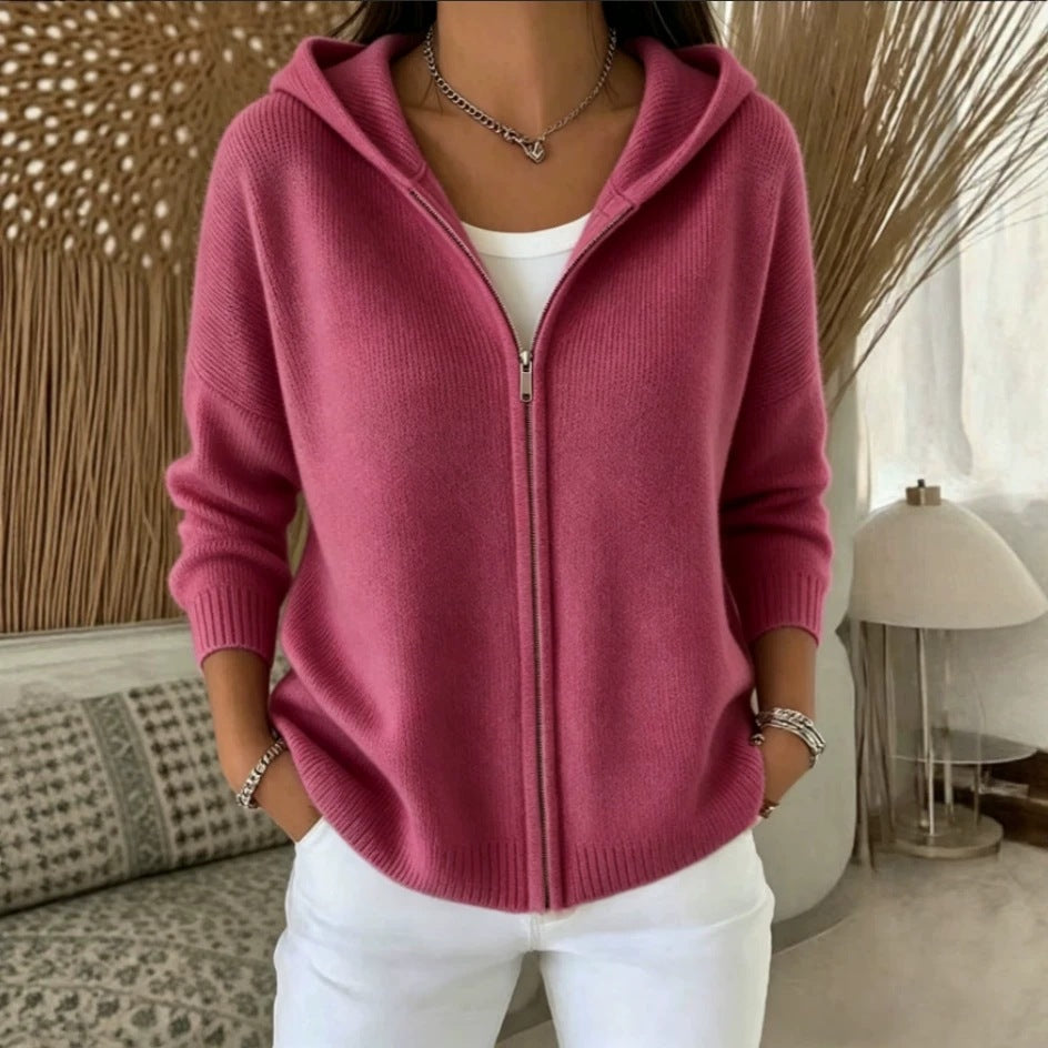 Hooded Zip Up Knit Cardigan with Drop Shoulders