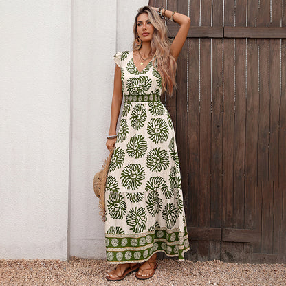 Boho Leaf Print V Neck Flutter Sleeve Maxi Dress Resort