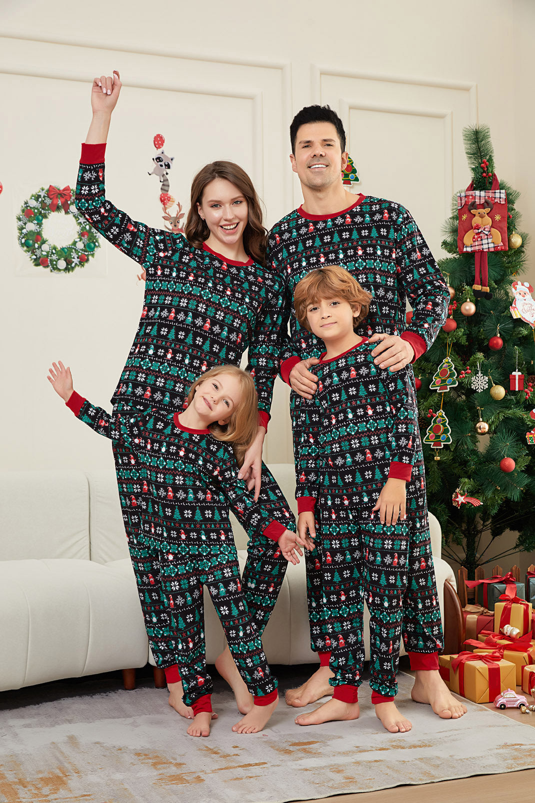 Christmas Tree Striped Full Flower Parent-child Dress Printed Christmas Pajamas