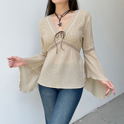 Women's Boho Crochet V Neck Bell Sleeve Tie Front Top