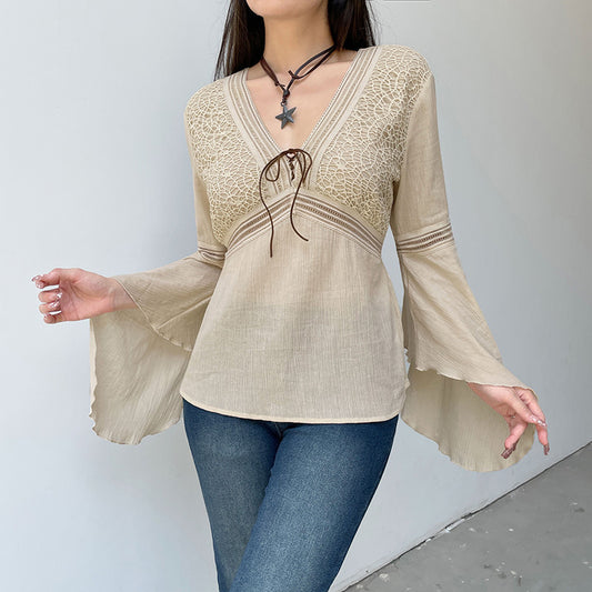 Women's Boho Crochet V Neck Bell Sleeve Tie Front Top