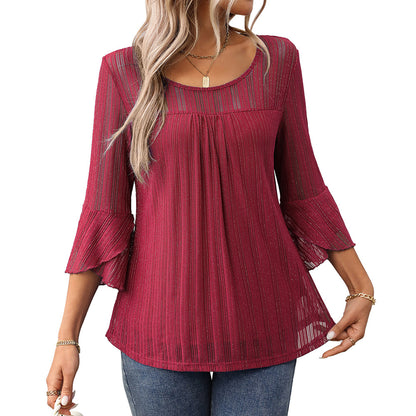 Elegant Round Neck Lotus Leaf Sleeve Mesh Top