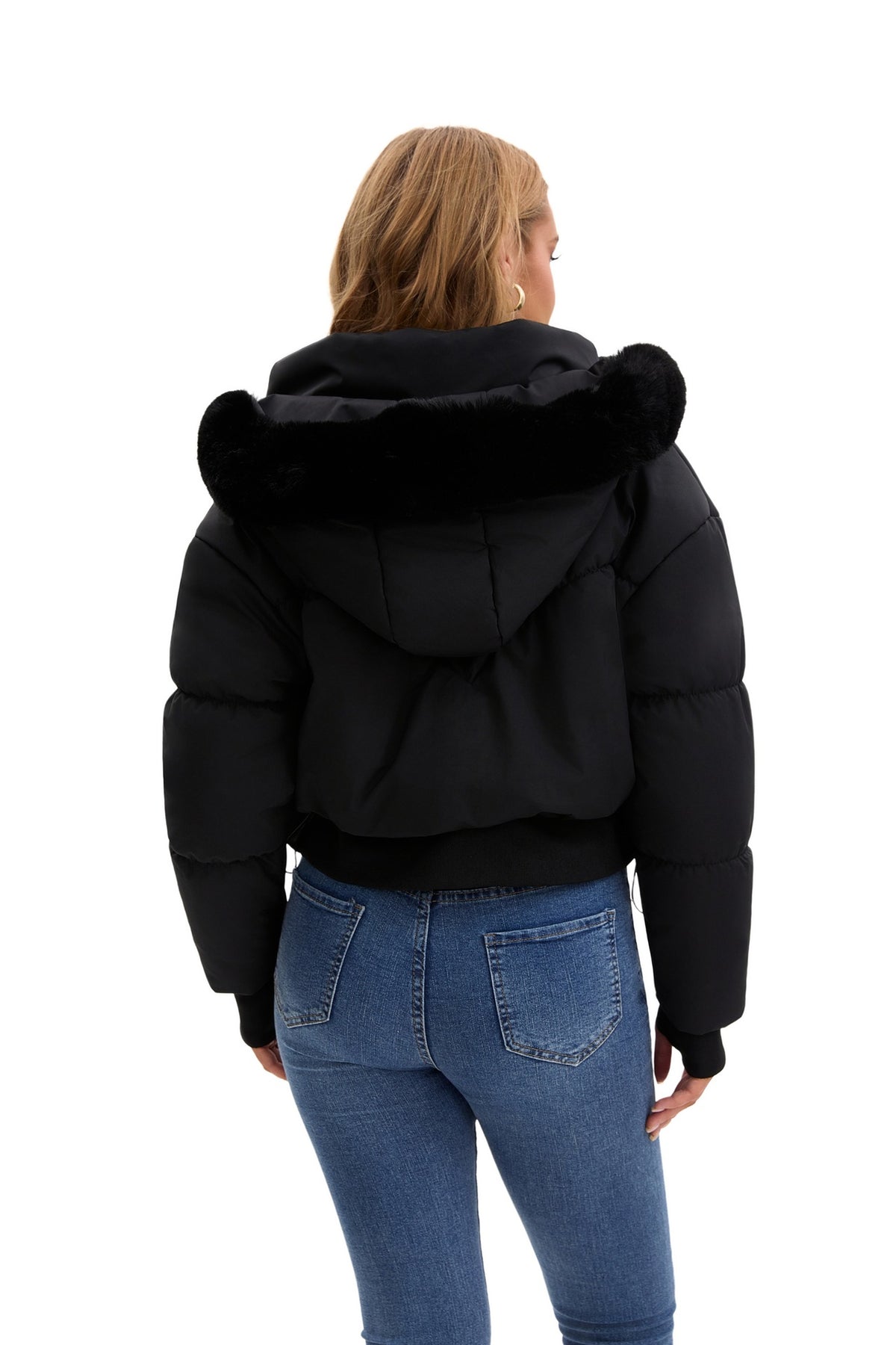 Women's Faux Fur Hood Cropped Cinch Waist Puffer Jacket