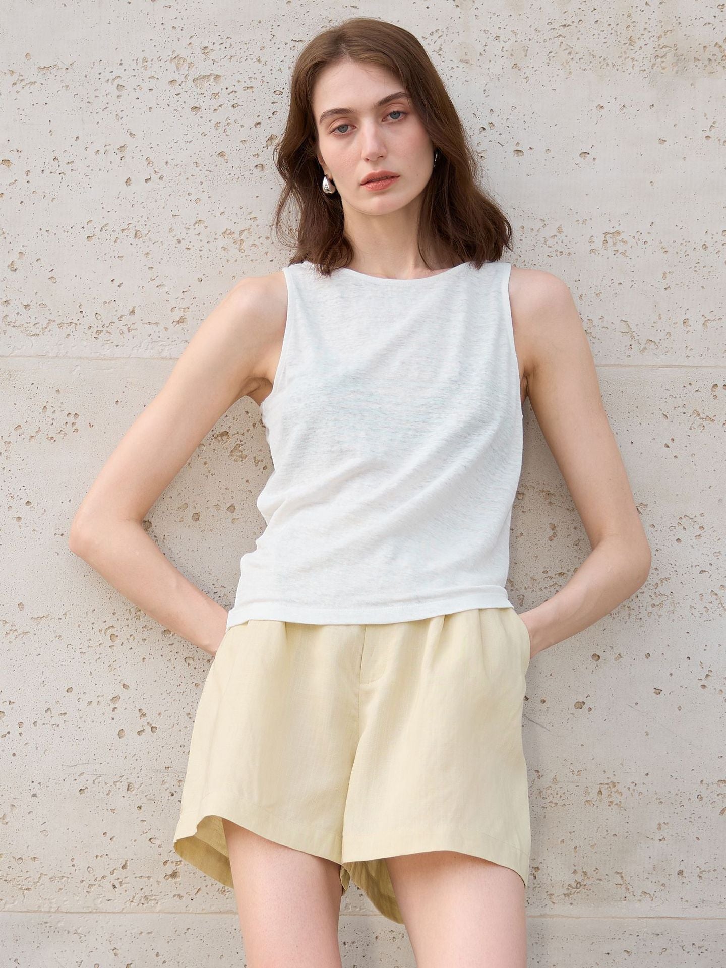 High-End 100% Linen Tank Top Slim Fit Round Neck Women’s Top