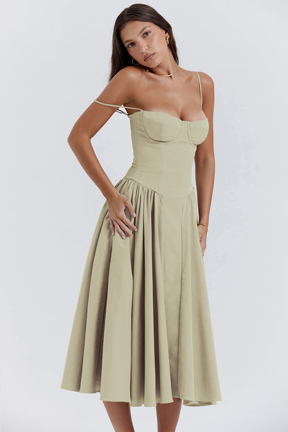 Elegant French Midi Dress Sleeveless Fit Flare Blue