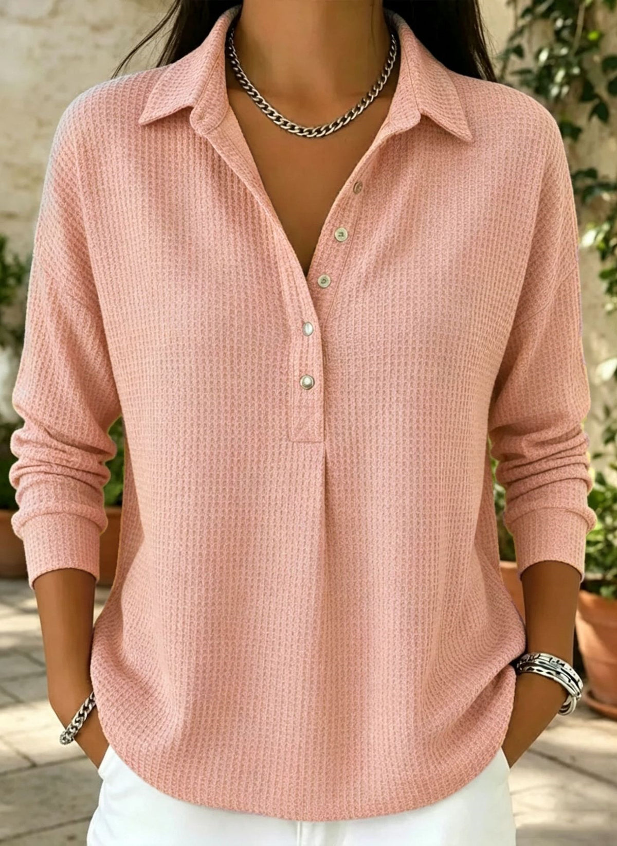 Women's Oversized Waffle Knit Collared Button Down Shirt
