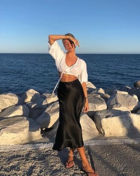 Women's Satin High-Waist Midi Skirt – Elegant Summer Slip Skirt