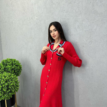 Long Sleeve Polo Collar Knit Bodycon Maxi Dress
