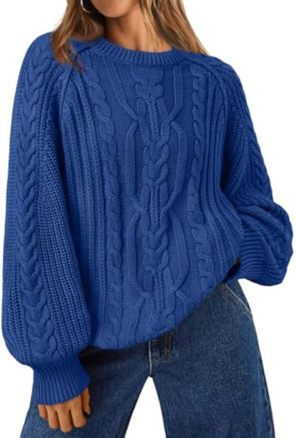 Women's Oversized Cable Knit Crew Neck Pullover Sweater