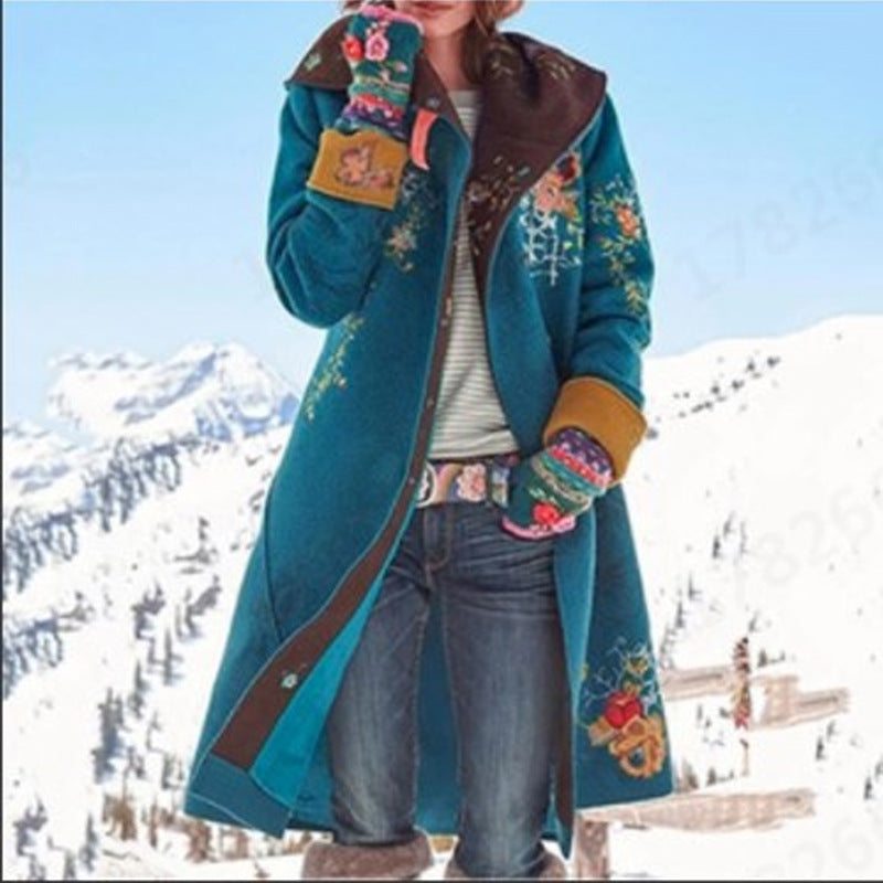 Women's Aztec Print Long Winter Wool Coat