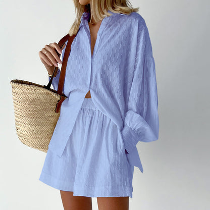 Women Textured Cotton Shirt Shorts Matching Set
