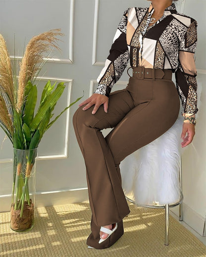 Women's Belted Floral Shirt & Pants Set