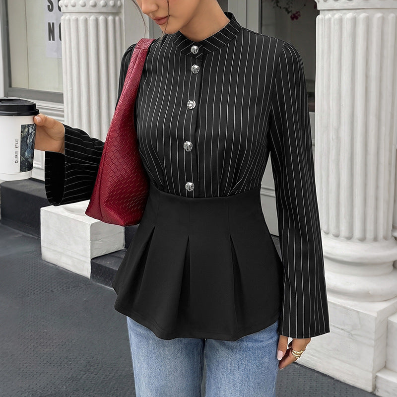 Striped Button Peplum Shirt Slim Fit Long Sleeve Blouse