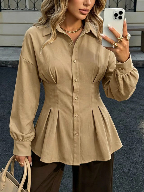 Women's Cotton Peplum Blouse Pleated Button Down Shirt