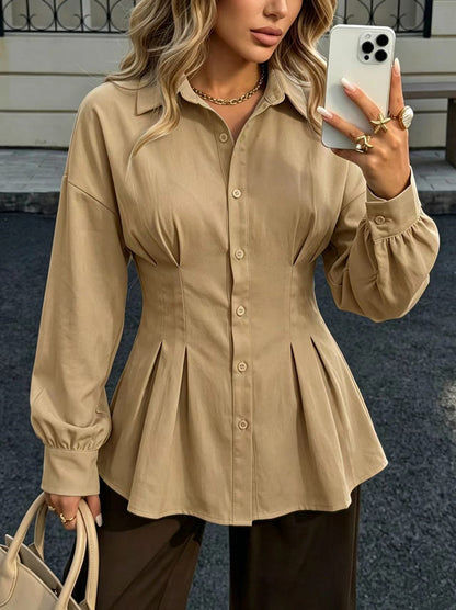 Women's Cotton Peplum Blouse Pleated Button Down Shirt