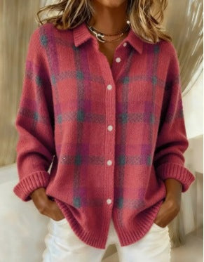 Plaid Collared Button Front Oversized Knit Cardigan