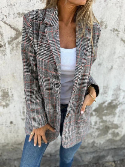 Women's Houndstooth Blazer Jacket Plaid Casual Outerwear