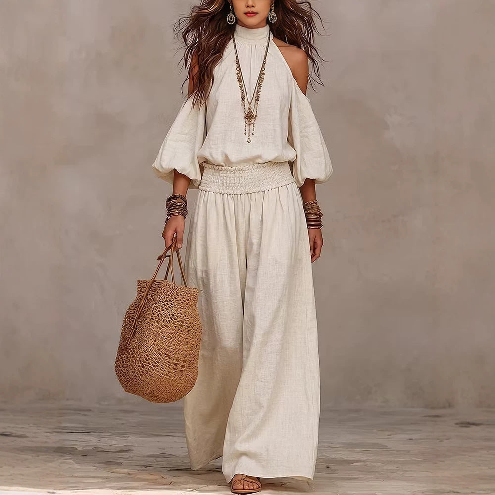 Women Cold Shoulder Smocked Top Wide Leg Pants Matching Set