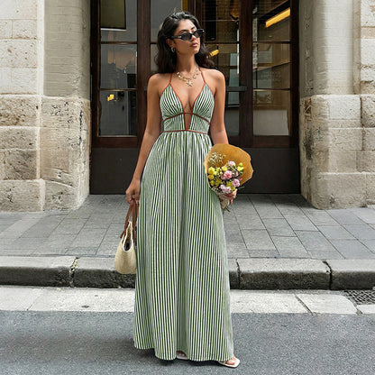 Striped Halter Backless Maxi Dress Deep V Resort Dress