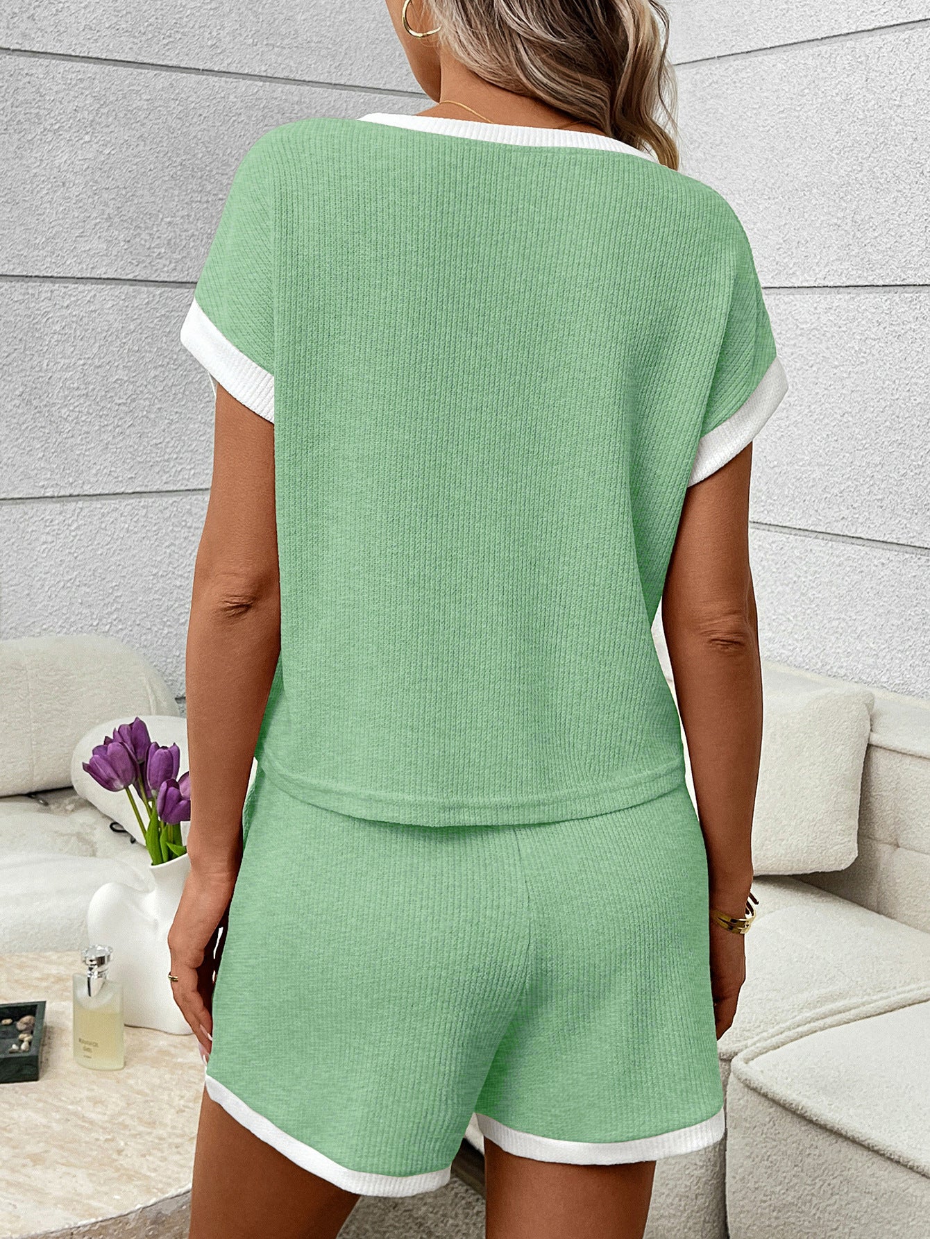 Green Ribbed Lounge Set Contrast Trim Tee Shorts Set