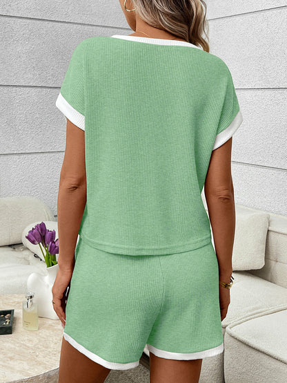 Green Ribbed Lounge Set Contrast Trim Tee Shorts Set