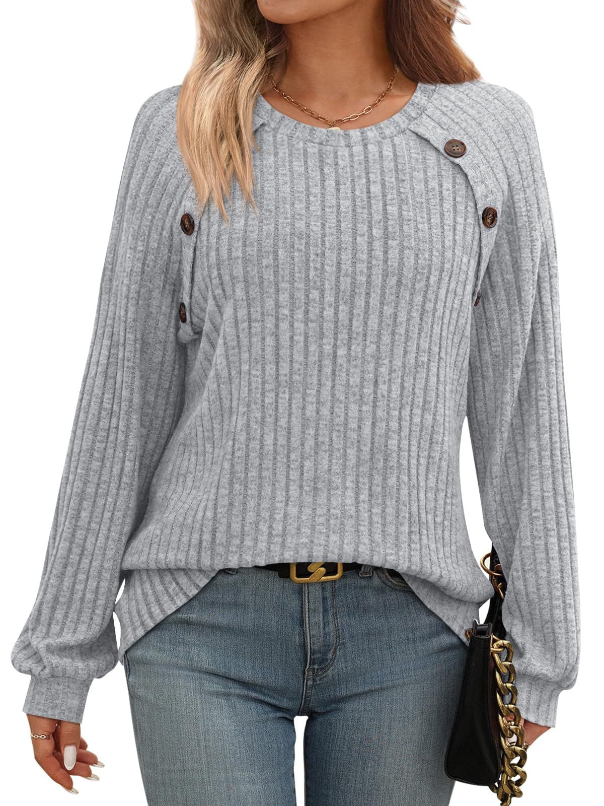 Ribbed Knit Crewneck Sweatshirt with Button Detail