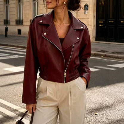 Womens Cropped Faux Leather Moto Jacket Zip Up