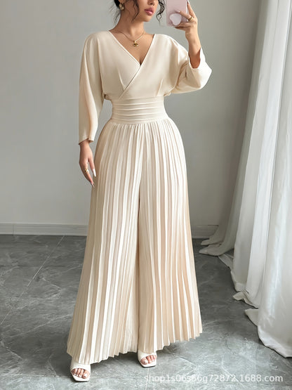 V-Neck Tie Back Pleated Wide Leg Jumpsuit