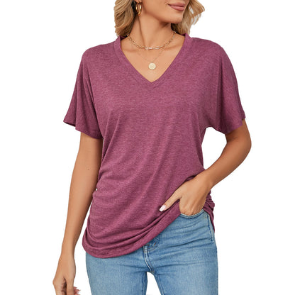 Casual V Neck Loose Fit Short Sleeve T Shirt