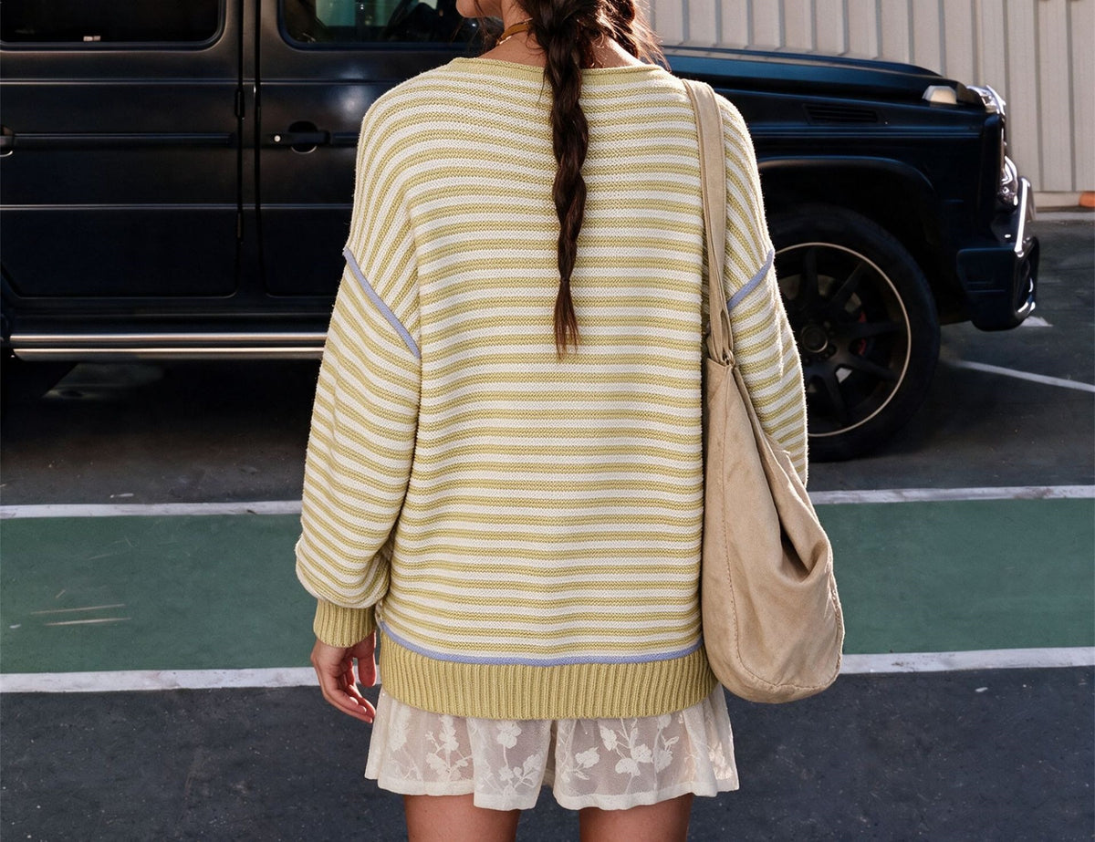 Women's Oversized Striped Crew Neck Long Sleeve Sweater
