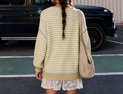 Women's Oversized Striped Crew Neck Long Sleeve Sweater