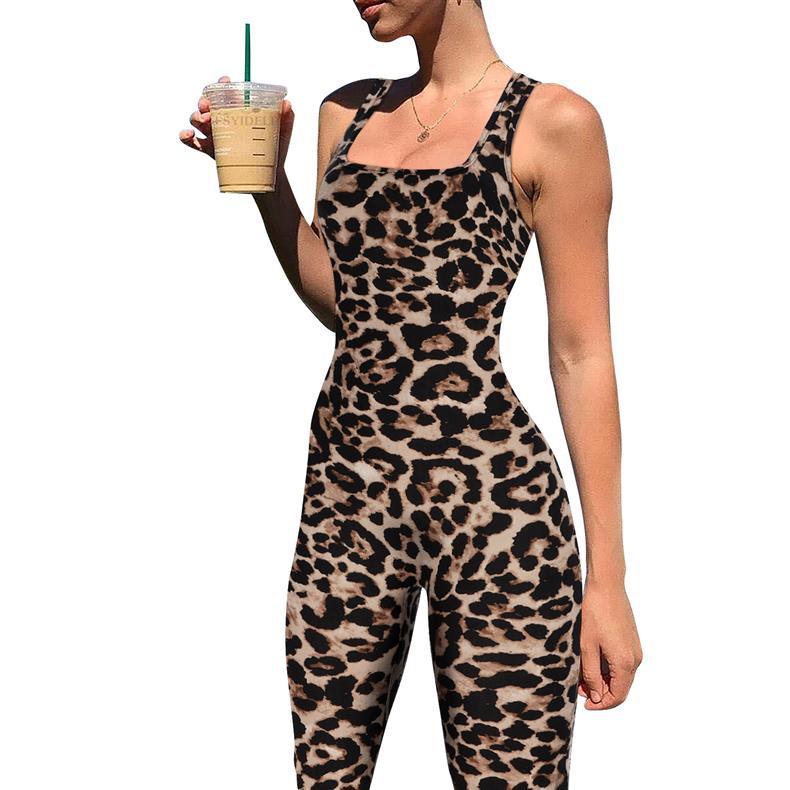 Women's Animal Print Square Neck Backless Bodycon Jumpsuit