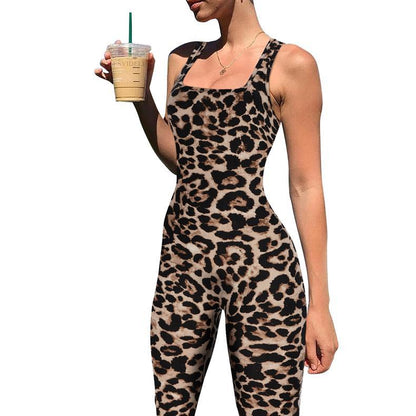 Women's Animal Print Square Neck Backless Bodycon Jumpsuit