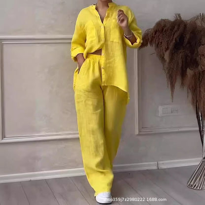 Women's Linen Shirt and Wide Leg Pants Matching Set
