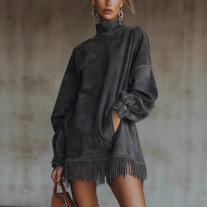 Faux Suede Fringe Dress Mock Neck Long Sleeve Pockets