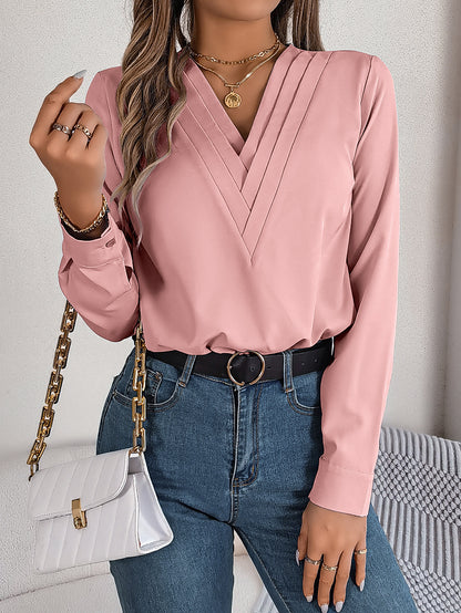 Elegant Layered V-Neck Long Sleeve Blouse – 2025 Fall/Winter