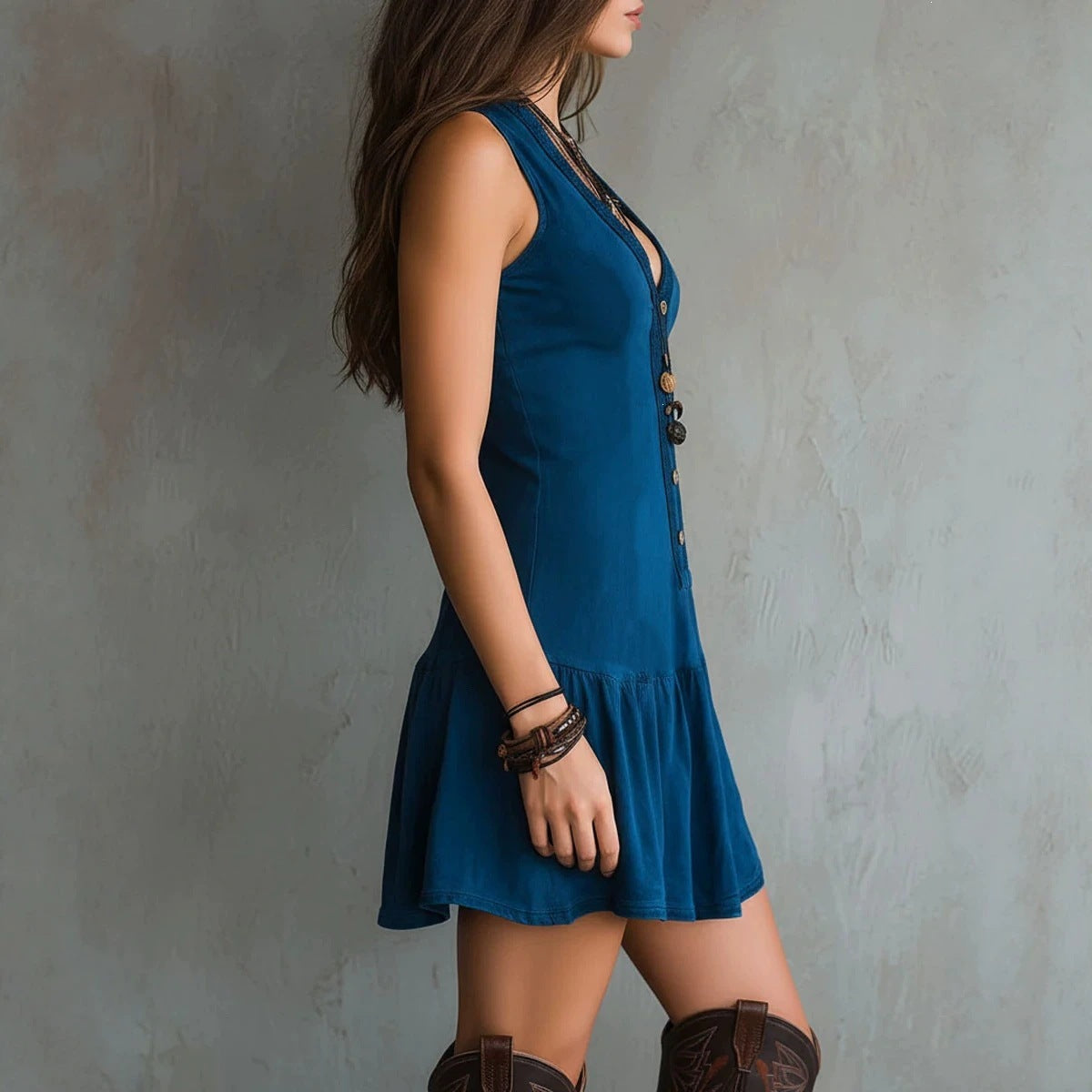 Women's Sleeveless U-Neck Button Front Lace Mini Dress