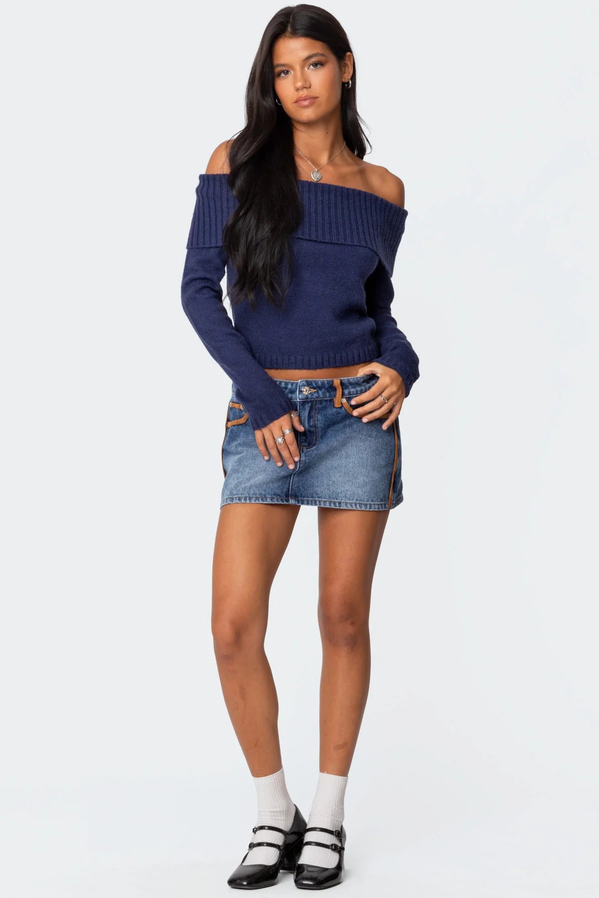 Off Shoulder Ribbed Knit Sweater Long Sleeve Crop Top