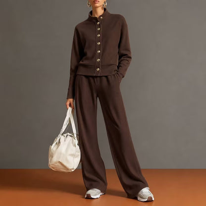 Women's 2 Piece Button Front Sweatshirt Wide Leg Set