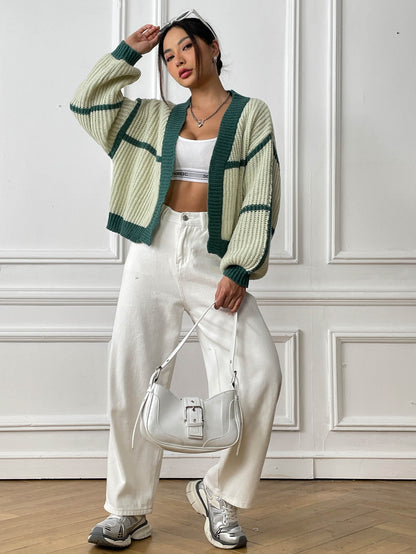 Color Block Cardigan Sweater with Loose Fit for Fall