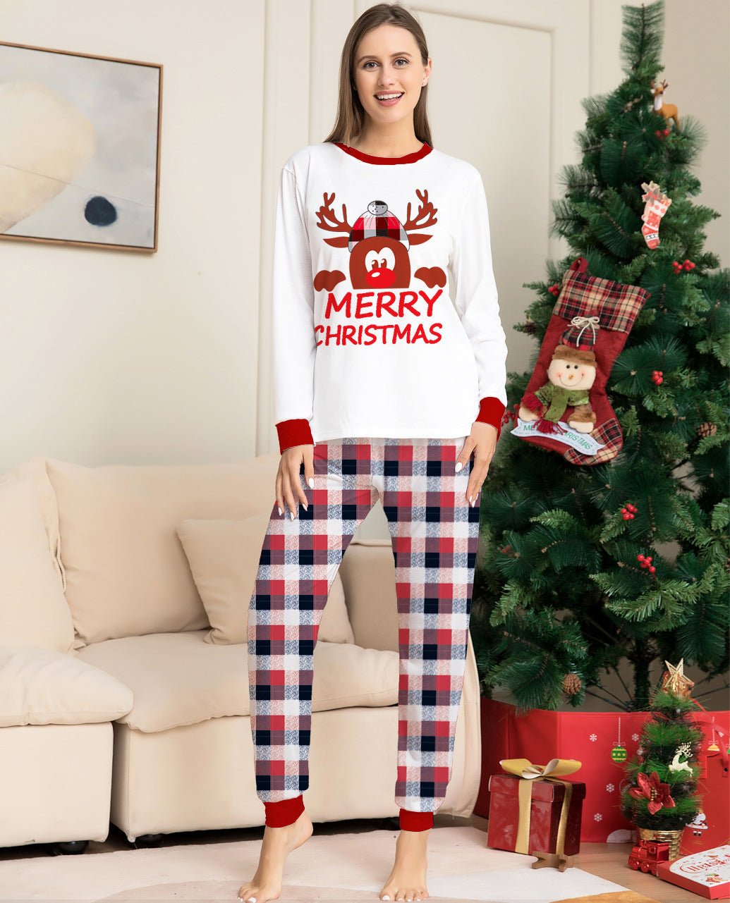 Plaid Fawn Parent-child Print Christmas Pajama Set