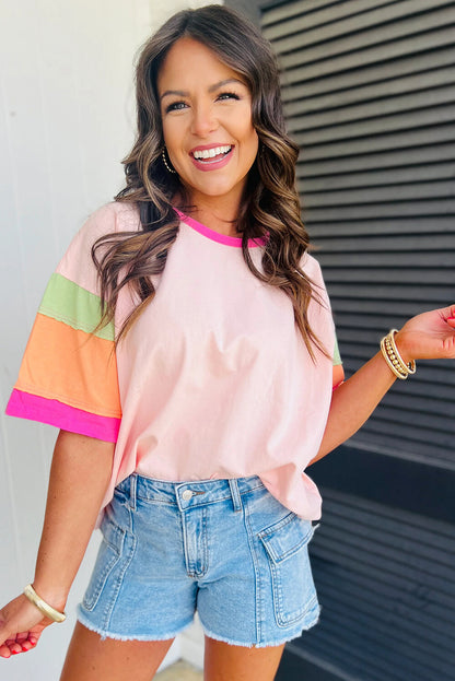 Colorblock Cotton Tee Loose Crew Neck Short Sleeve