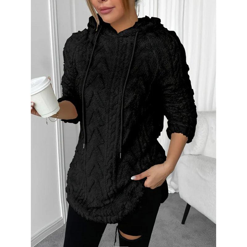 Women's Fuzzy Cable Knit Hoodie Drawstring Tunic Top