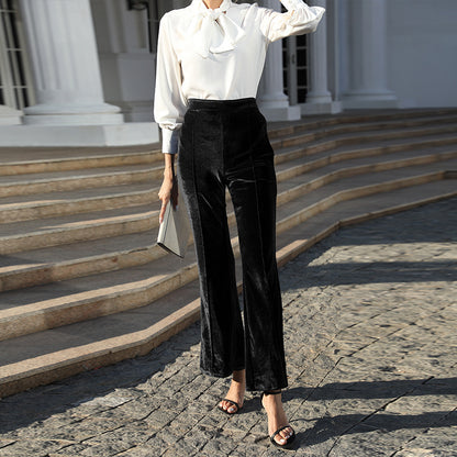 High Waist Velvet Flare Pants Textured Casual Trousers
