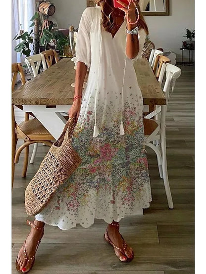 Women's Boho Floral V-Neck Tassel Maxi Dress Flowy
