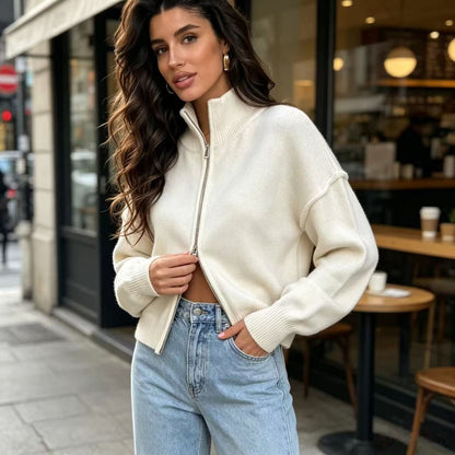Women's Oversized Fuzzy Zip Up Cardigan Mock Neck